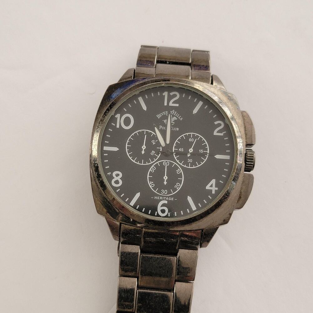 Beverly Hills Polo Club Mens Watch 44mm Black Dial Silver Stainless Bracelet